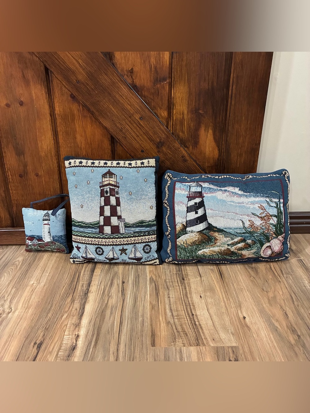 Tapestry lighthouse beach seascape throw pillows